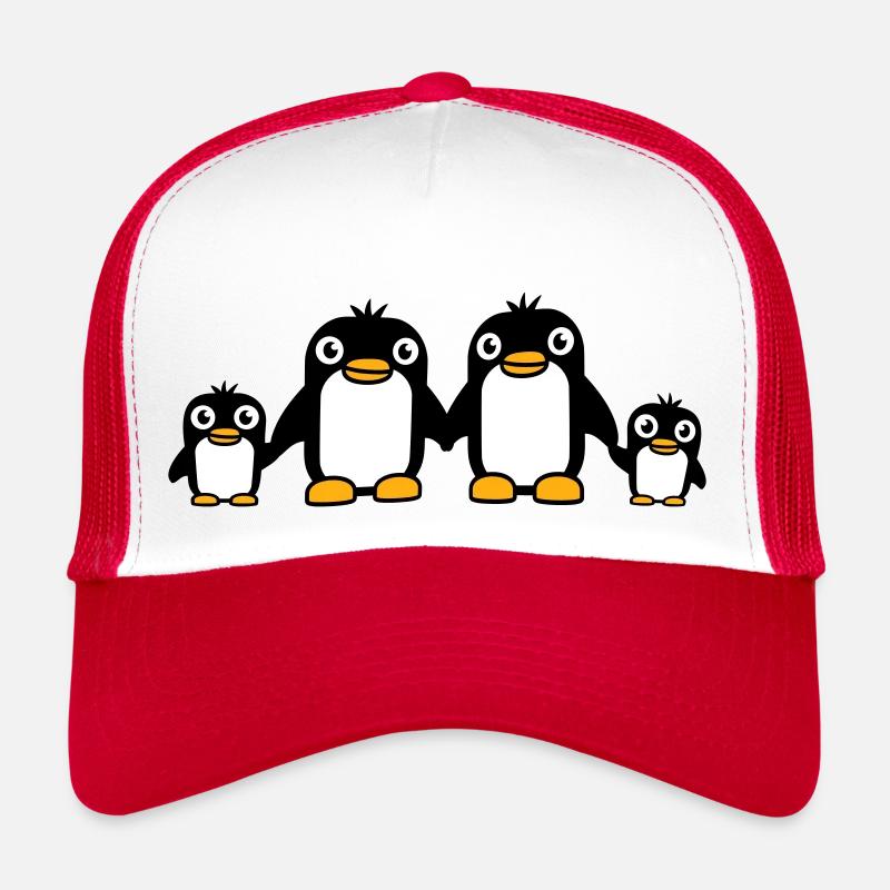 4 pingouins papa maman deux enfants bébé mains tenant Casquette trucker 