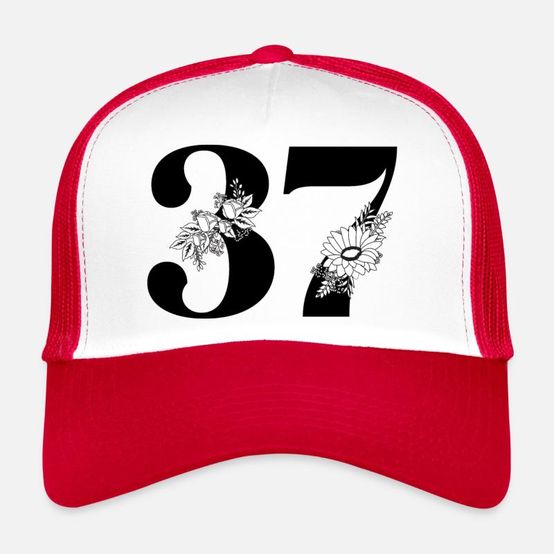 Nummer 37 Schwarze Blumen - 37. Blumengeburtstag - Trucker Cap - Weiß/Rot