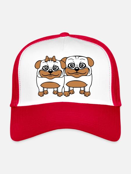 2 chiens Carlin Homme Femme Couple Deux Amoureux Amour - Casquette trucker  - blanc/rouge - Devant
