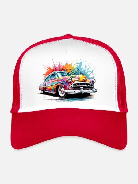 voiture classique colorée - Casquette trucker  - blanc/rouge - Devant