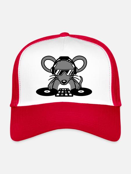 Souris DJ Lunettes de soleil Casque Fête Célébrer la musique - Casquette trucker  - blanc/rouge - Devant
