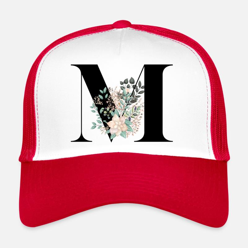lettre M fleuris - Casquette trucker  - blanc/rouge