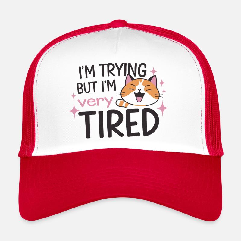 Chat fatigué essayant - Casquette trucker  - blanc/rouge