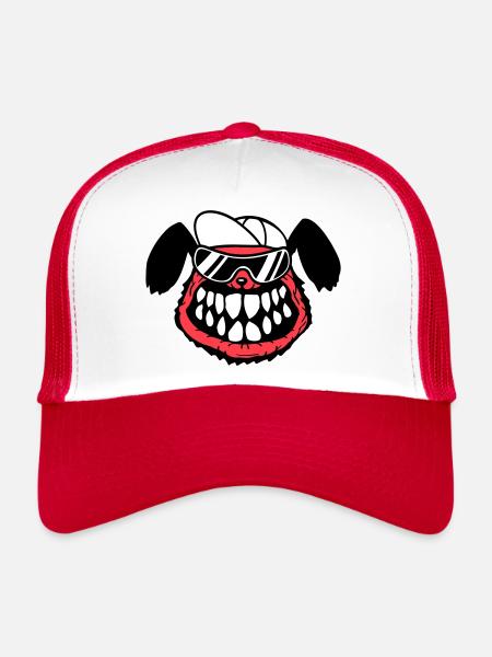 chien monstre méchant dangereux dents sourire sourire - Casquette trucker  - blanc/rouge - Devant