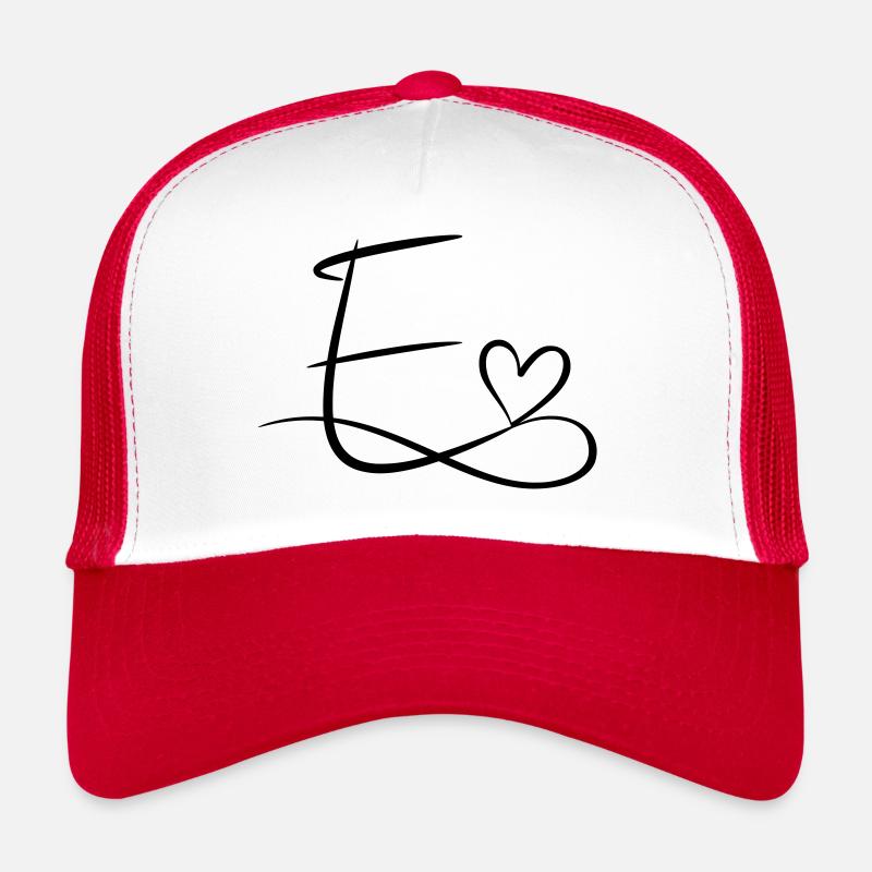 Lettre e lettre initiale nom calligraphie coeur - Casquette trucker  - blanc/rouge