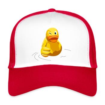 Ente - Duck - Daumen Hoch mit Wink Augen Smile - Trucker Cap - Weiß/Rot - Vorne