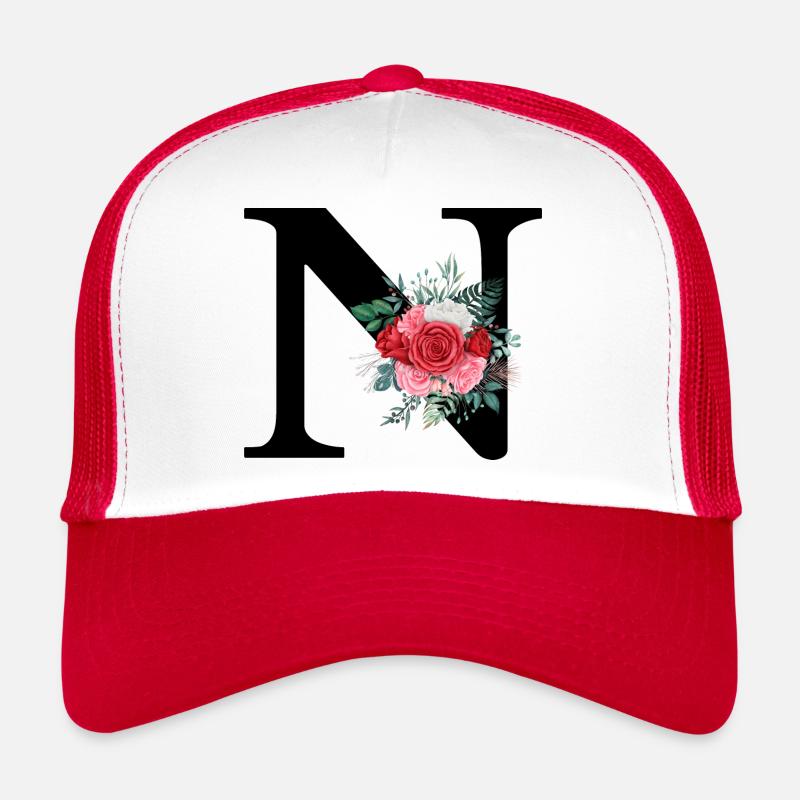 Red Floral Letter N Trucker Cap