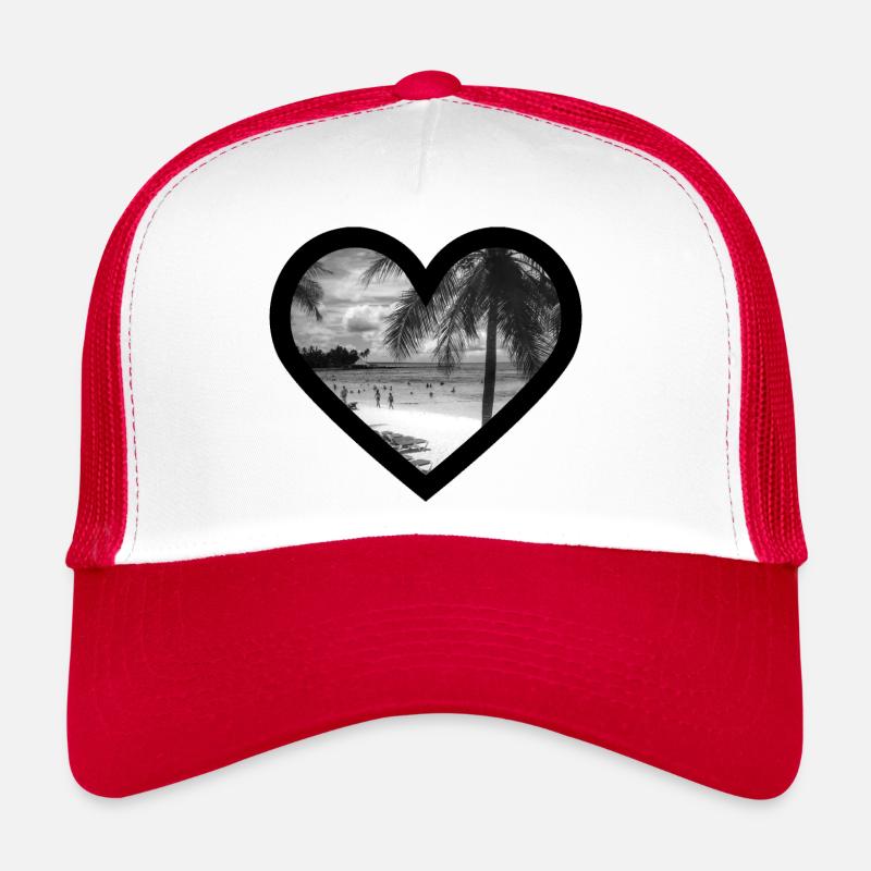 Beach with palm trees / black heart frame - Trucker Cap - white/red