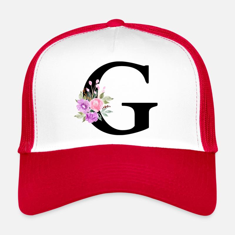 Lila Blumenbuchstabe g Trucker Cap