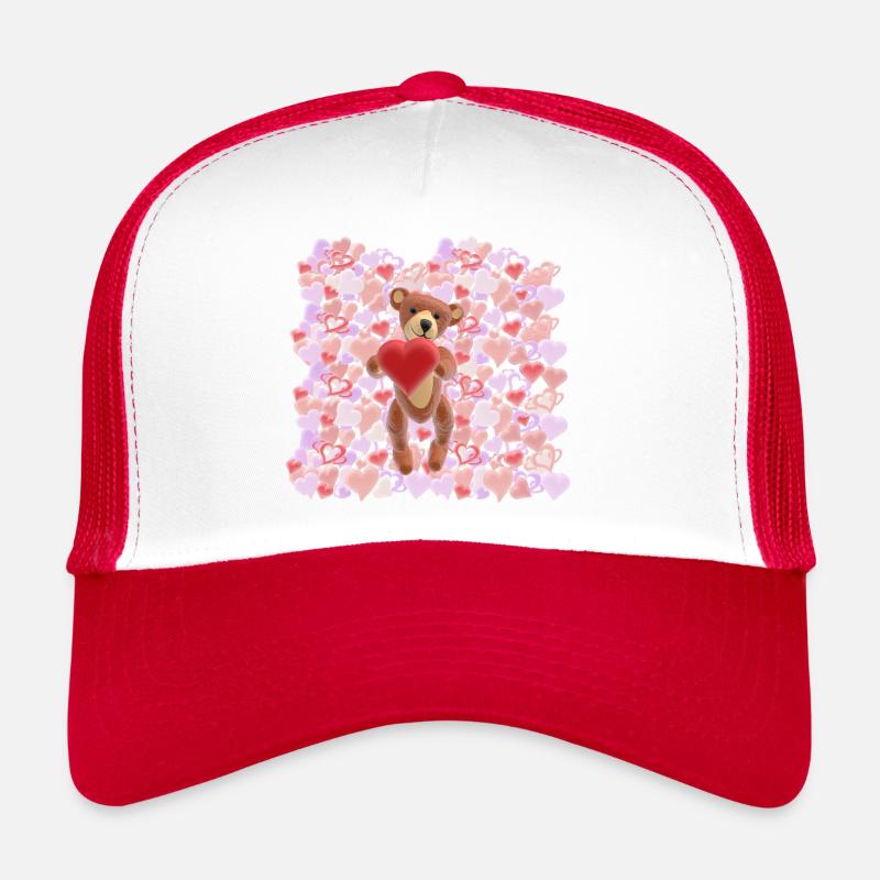 Valentine-Teddy mit einem Meer aus Herzen - 3D - Trucker Cap - Weiß/Rot