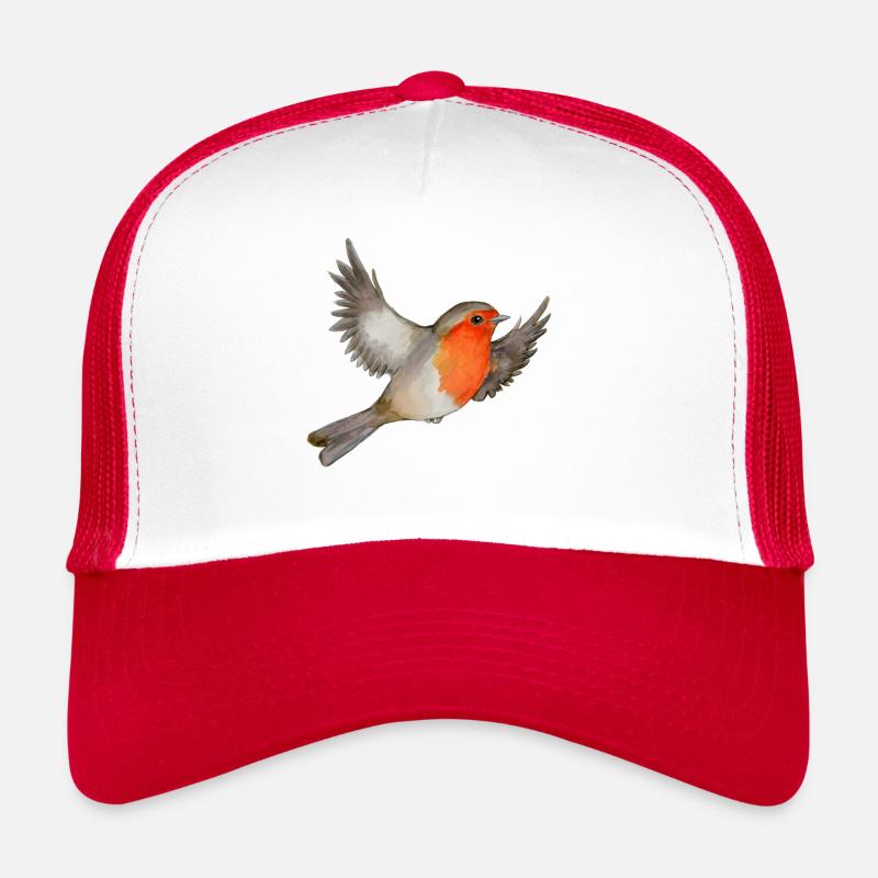 Eine Aquarellzeichnung eines fliegenden Rotkehlchens - Trucker Cap - Weiß/Rot