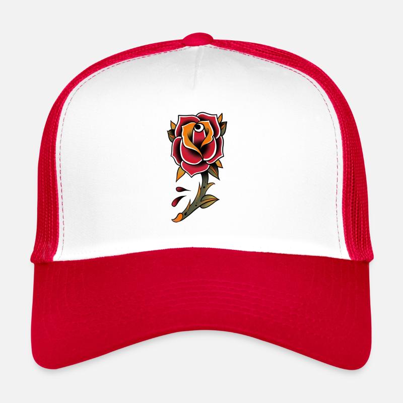 Rosa Blume Farbe Stil Tattoo Old-School Trad. Trucker Cap