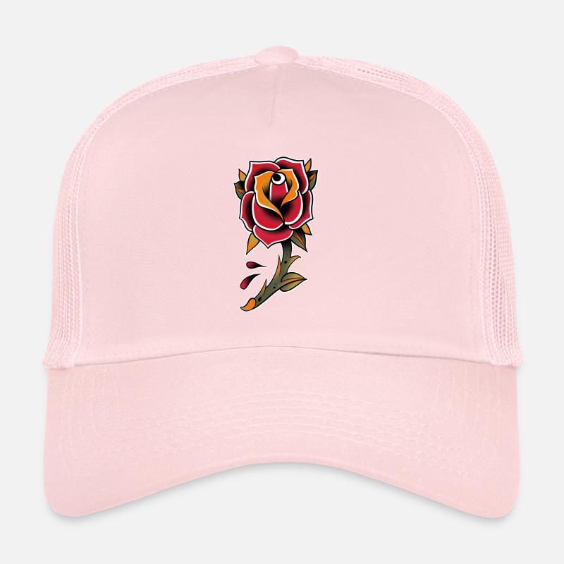 Fleur rose couleur style tattoo old-school trad. Casquette trucker 