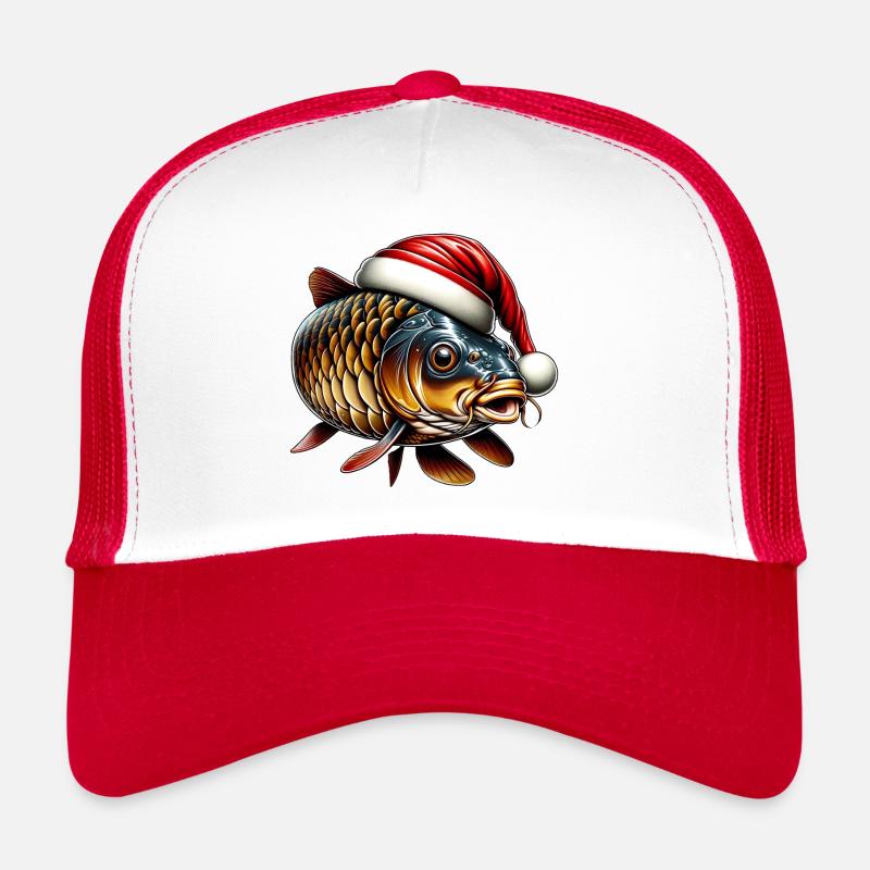 Festlicher Karpfen mit Weihnachtsmütze - Trucker Cap - Weiß/Rot