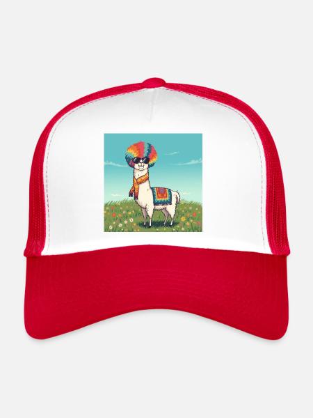 Lama arc-en-ciel funky - Casquette trucker  - blanc/rouge - Devant