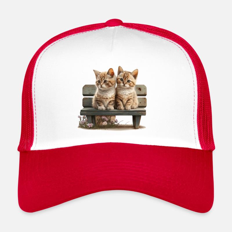 2 cats on bench gift - Trucker Cap - white/red