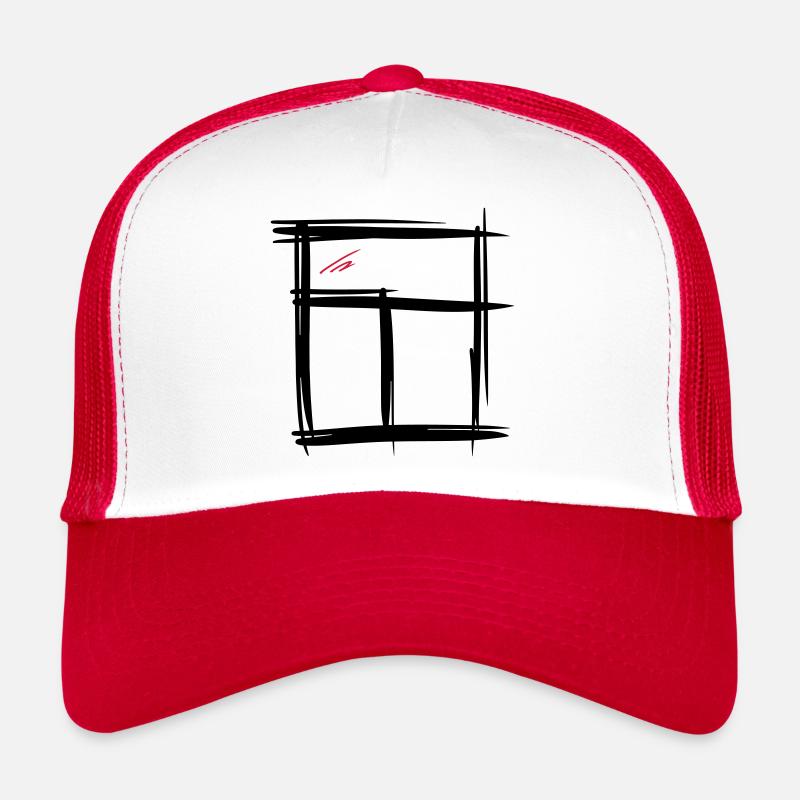 Fenster, handgezeichnet, Bleistiftzeichnung - Trucker Cap - Weiß/Rot