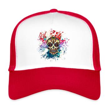 Crâne coloré, Mexique Jour du crâne de sucre mort - Casquette trucker  - blanc/rouge - Devant