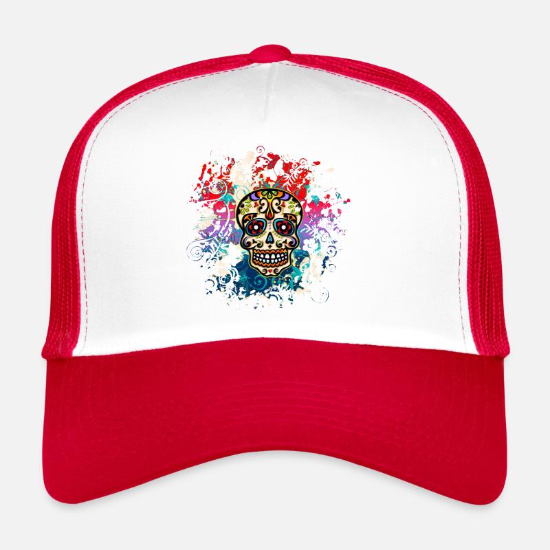 Bunter Totenkopf, Mexiko Tag der Toten Sugar Skull - Trucker Cap - Weiß/Rot