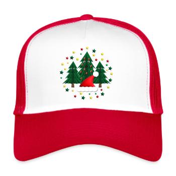Weihnachtsmarkt Tannen mit Weihnachtsmütze. - Trucker Cap - Weiß/Rot - Vorne