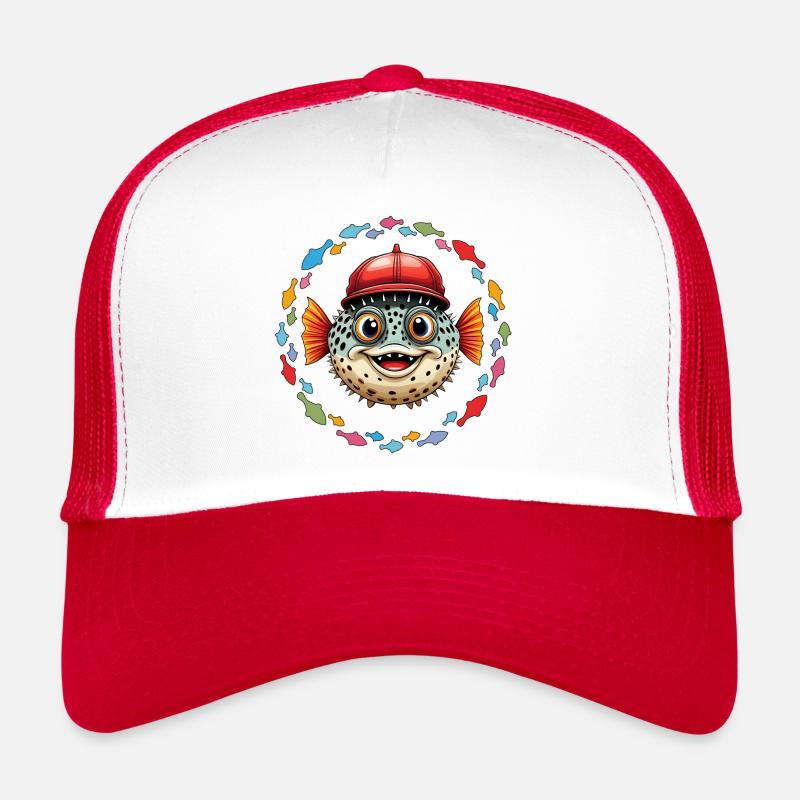 Poisson-globe avec casquette de baseball rouge et poisson coloré Casquette trucker 
