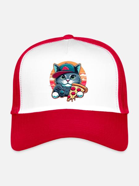 Cat Gamer Loves Pizza,Gaming Gift - Trucker Cap - white/red - Front