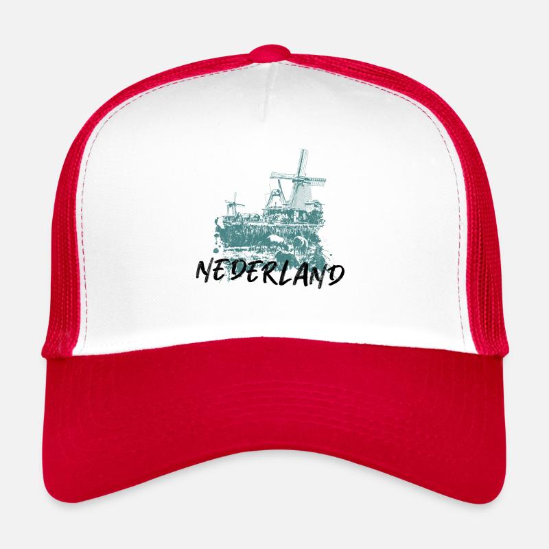 Illustration windmills in the Netherlands blue - Trucker Cap - white/red
