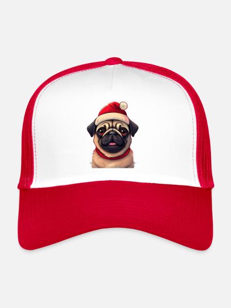 Cute Pug with Santa Hat - Trucker Cap - white/red - Front
