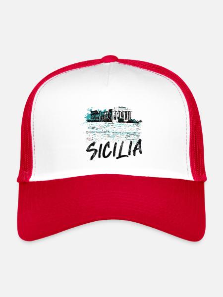 Griechische Tempelillustration, Insel Sizilien, Italien - Trucker Cap - Weiß/Rot - Vorne