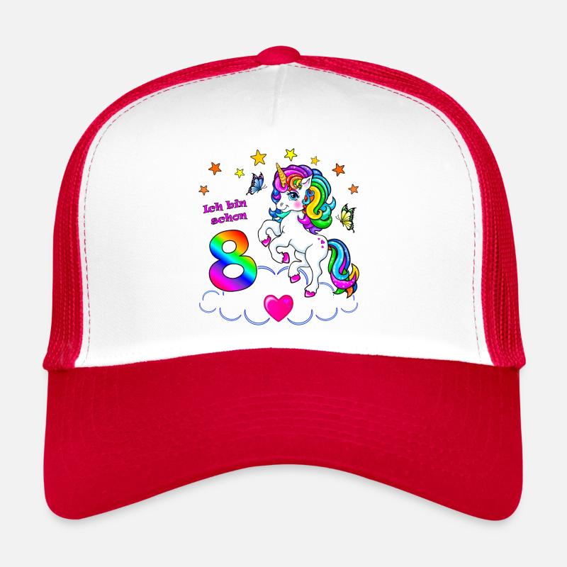 Mädchen 8 Jahre Geburtstag Einhorn - Trucker Cap - Weiß/Rot