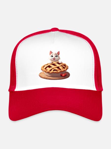 Chat angora sur tarte aux pommes - Casquette trucker  - blanc/rouge - Devant
