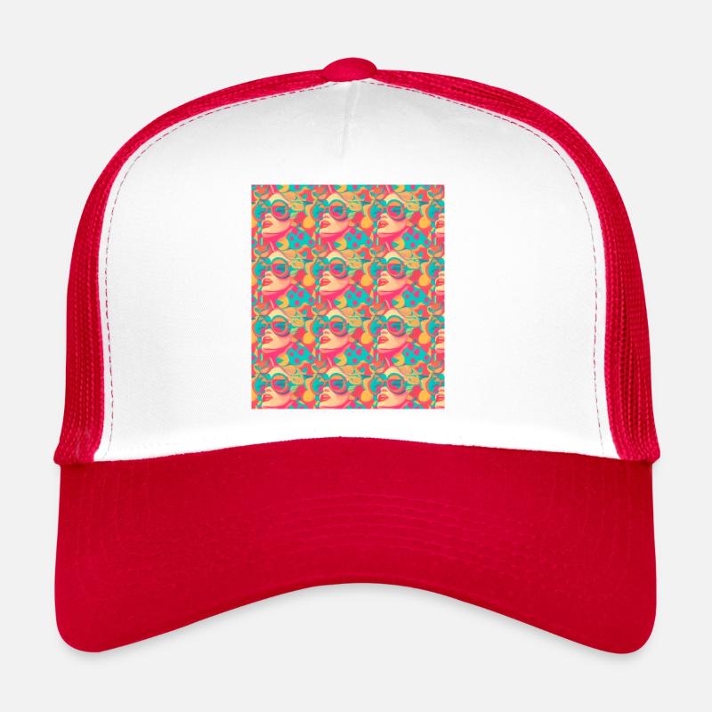 Popart, Gesicht mit Brille, bunt, pink - Trucker Cap - Weiß/Rot