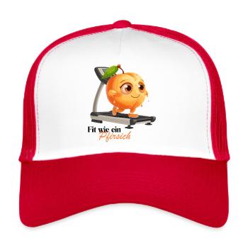 Pfirsich auf dem Laufband mit witzigen Spruch - Trucker Cap - Weiß/Rot - Vorne