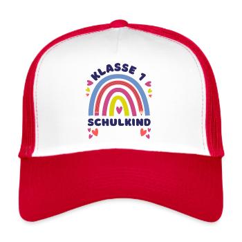 Einschulung Geschenk 2025 Klasse 1 Schulkind Name - Trucker Cap - Weiß/Rot - Vorne