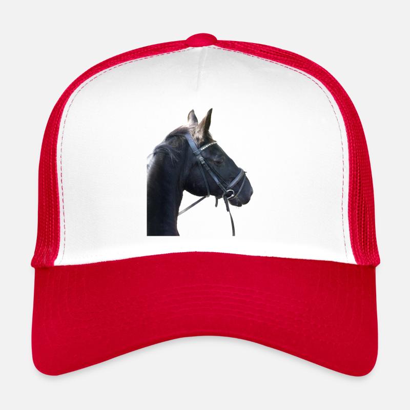 Pferdekopf eines Rappen mit Trense - Trucker Cap - Weiß/Rot