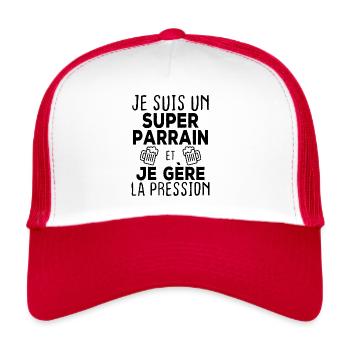 Je suis un super parrain, Humour cadeau parrain - Casquette trucker  - blanc/rouge - Devant