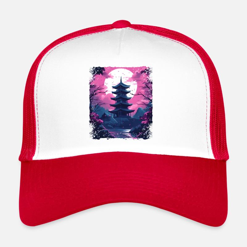 Sakura Cherry Blossom Tree dans un temple Vaporwave Casquette trucker 
