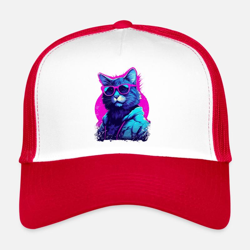 Vaporwave Aesthetic Cat Wearing Sunglasses Trucker Cap