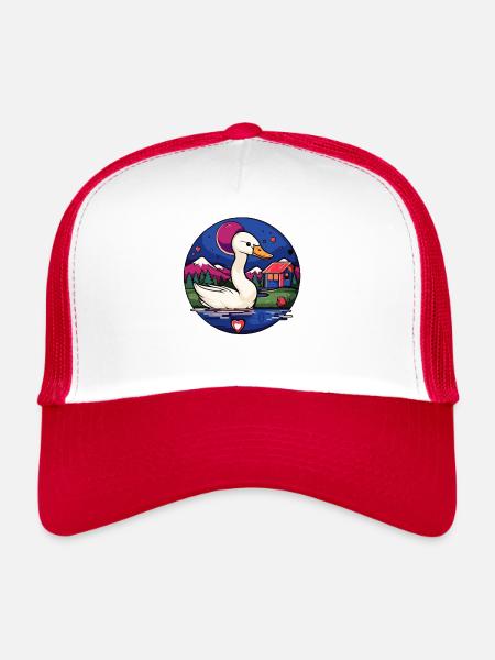 Nager au lac : un oiseau cygne de dessin animé - Casquette trucker  - blanc/rouge - Devant