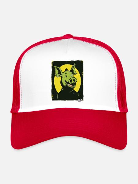 Funny, Happy, Weird Cartoon Pig - Trucker Cap - white/red