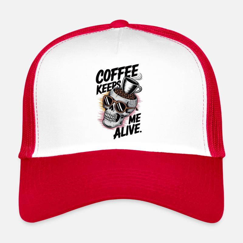 Lustiges Kaffeeshirt mit Totenkopf und Tasse Trucker Cap