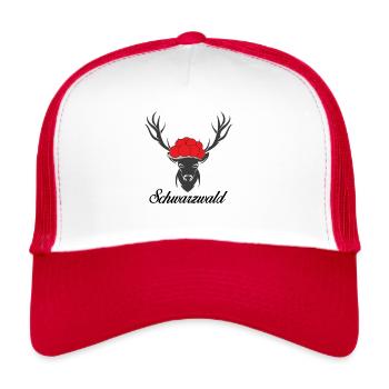 Schwarzwald Bollenhut Hirsch Autoaufkleber - Trucker Cap - Weiß/Rot - Vorne