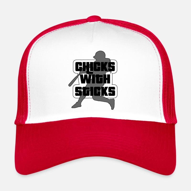 Softball-Slogan "Mädchen mit Stöcken" - Trucker Cap - Weiß/Rot