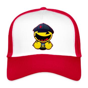 Cheeky yellow smiley face monster with cap - Trucker Cap - white/red - Front