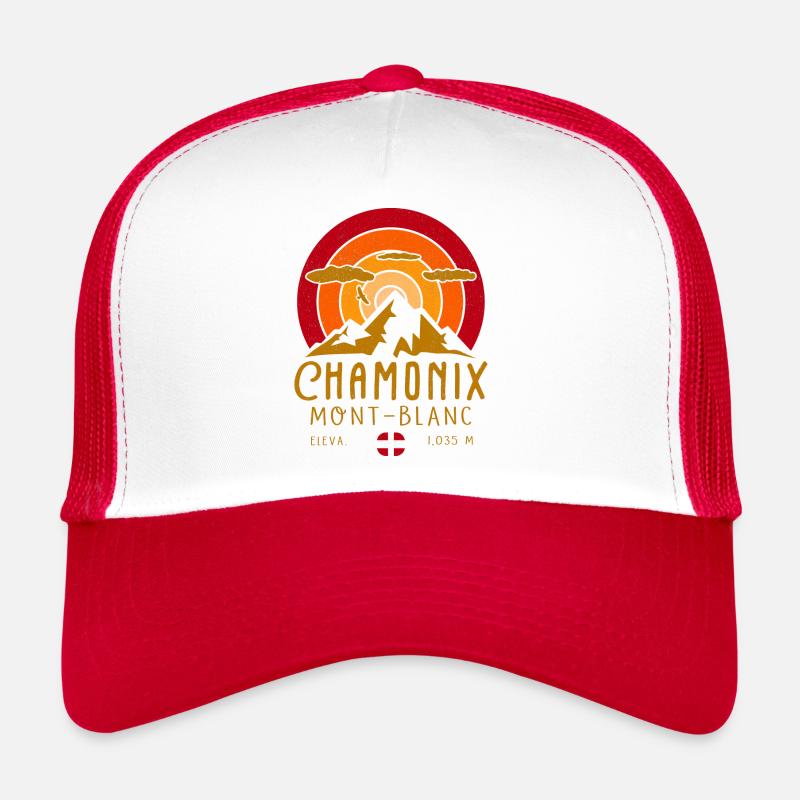 Chamonix Frankreich Retro Sunset Skiing - Trucker Cap - Weiß/Rot