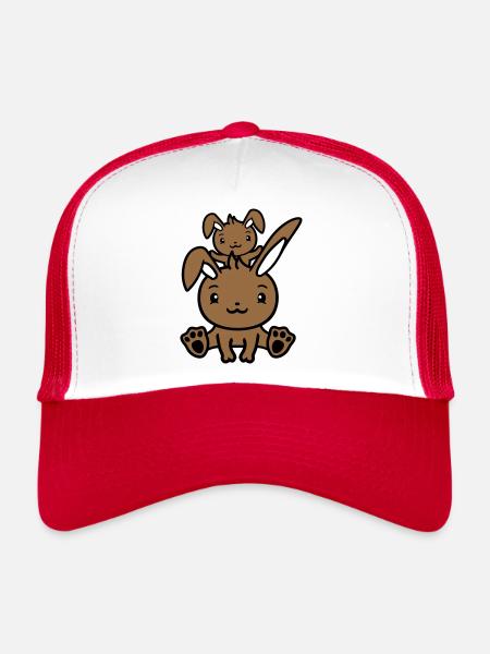 2 Lapins Papa Maman Enfant Mère Assis L’un sur L’autre - Casquette trucker  - blanc/rouge - Devant