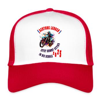 Einschulung 2025 - Achtung Lehrer - Motorrad - Trucker Cap - Weiß/Rot - Vorne