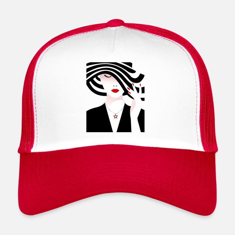 Frau mit schwarz weiß gestreiftem Hut Trucker Cap