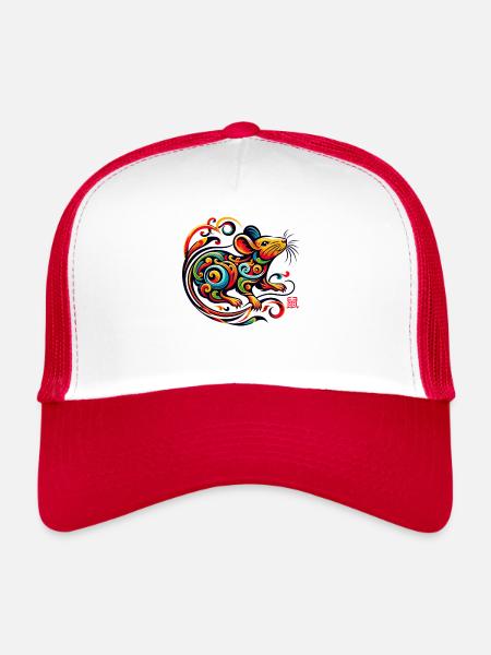 Œuvre d’art élégante de rat du zodiaque chinois pour la maison moderne - Casquette trucker  - blanc/rouge - Devant