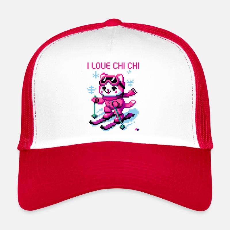 CHAT DE SKI DRÔLE SUR PENTE DE NEIGE RÉTRO PIXEL ART Casquette trucker 
